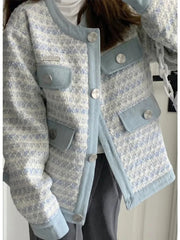 Hnewly  Fall Women Sweet Tweed Jacket Vintage Casual Long Sleeve Elegant Coat French Cute O Neck Women Fall Winter Retro Tops New