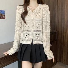 Hnewly  Women's Crochet Cardigan Embroidered Daisy Collared Button Down Open-Knit Top Cardi Jacket Boho Chic Vacation Outfit