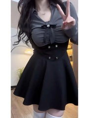 Hnewly  Oversize Sweet Bow Long Sleeve Lapel Neck Shirts Women+ Slim Waist Vest Strap Dresses Early Autumn New Two Piece Sets