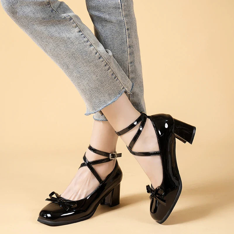 Hnewly Black Retro Cross-Tie Pumps Casual Summer Round Toe Shoes Ladies Sweet Fashion Shoes Woman Bow Design