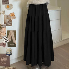 Hnewly  French Style High Waist Skirts for Women Spring Autumn Casual Loose Folds A-Line Skirts Woman Soft Elastic Waist Skirt Ladies