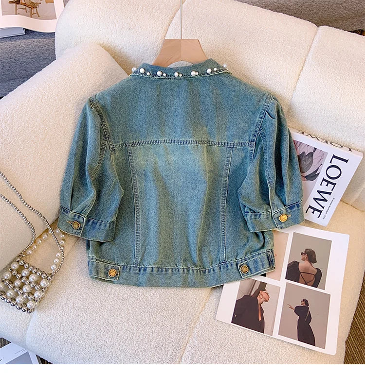 Hnewly  Sweet Nail Bead Short Sleeved Denim Jacket Women Summer Thin Style 2025 New Casual Single Breasted Shirt  Turndown Collar Top