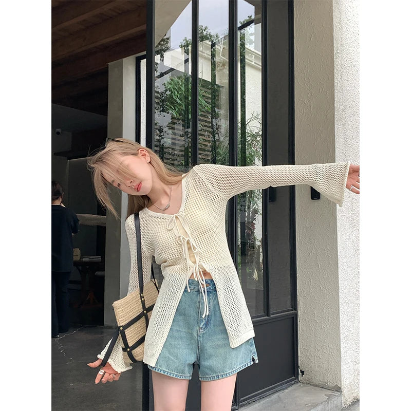 Hnewly  Tie Front Open Knit Cardigan Women Long Sleeve Longline Sweater Jacket Sheer Beach Cover-Up Ladies Boho Vacation Outfit