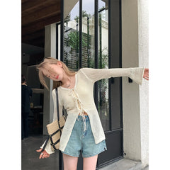 Hnewly  Tie Front Open Knit Cardigan Women Long Sleeve Longline Sweater Jacket Sheer Beach Cover-Up Ladies Boho Vacation Outfit