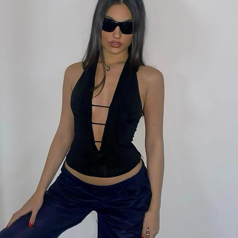 Hnewly Sexy Deep V-neck Halter Top Y2K Casual Sleeveless Hollow Out Women Crop Tops 2024 Summer Grunge Bandage Women Camisole