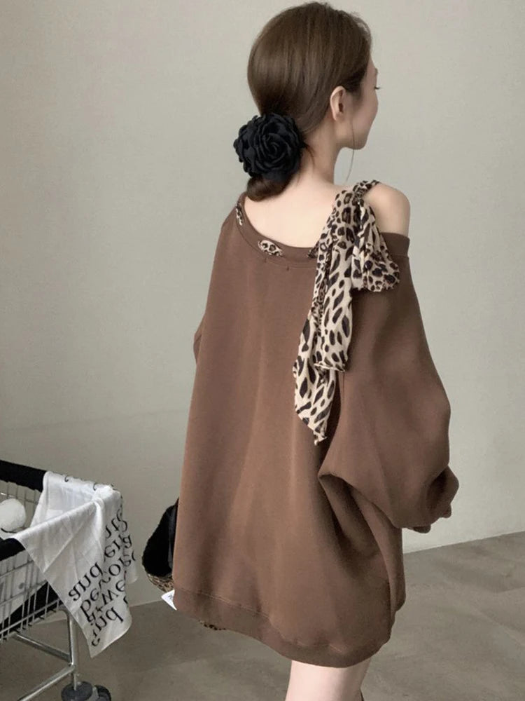 Hnewly Off Shoulder Y2K Sweatshirts Women Leopard Lace Up Loose Pullovers Streetwear American Long Sleeve Casual Female Retro Tops