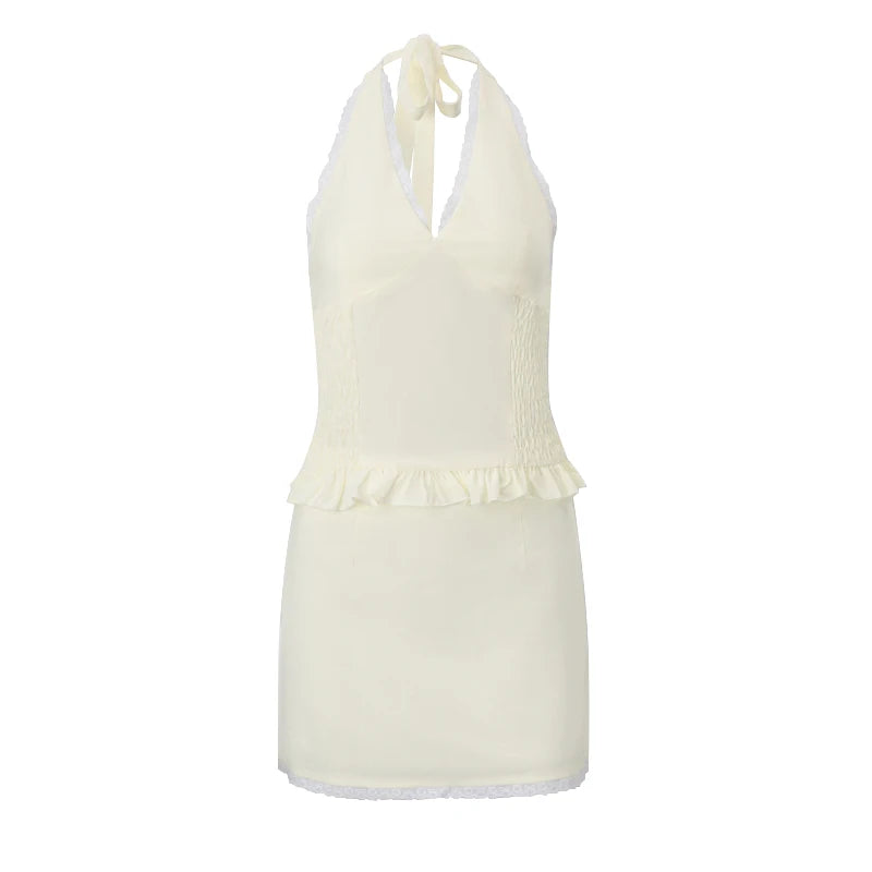 Hnewly Elegant Fashion Backless Lace Sleeveless Solid Casual Streetwear Crop Tops Mini Skirt Autumn Sexy Women 2 Piece Set