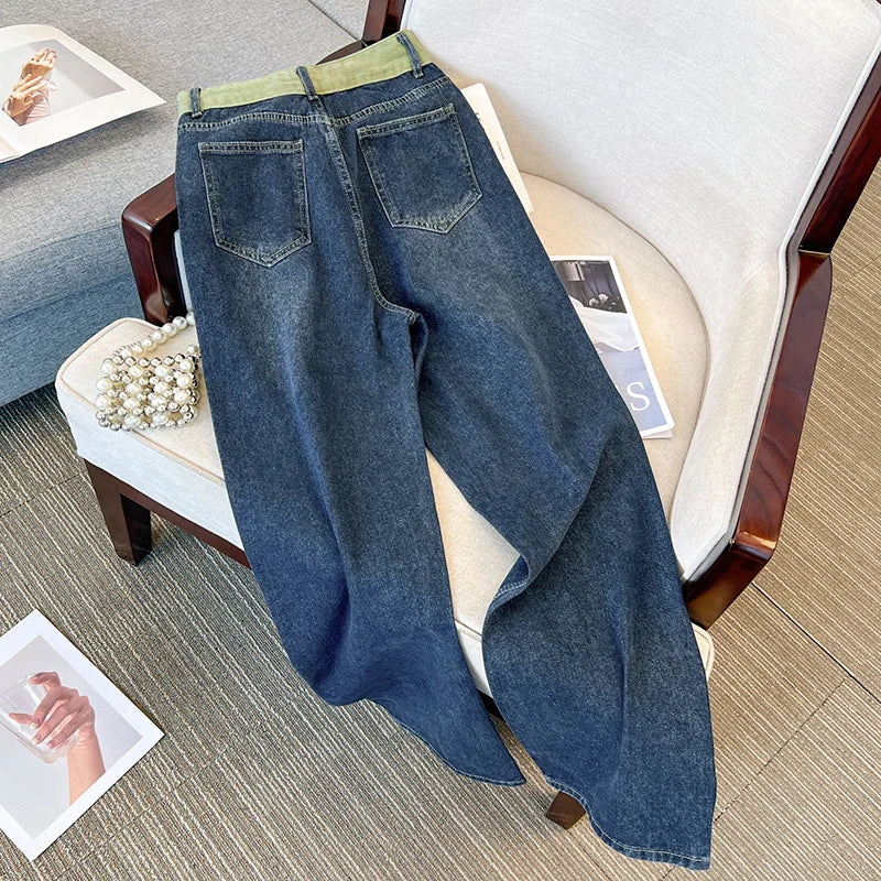 Hnewly  Large Size High Waist Jeans  Women  New Autumn Loose Drawstring Wide Leg Pant Fashion Splice Versatile Straight Leg Denim Pants