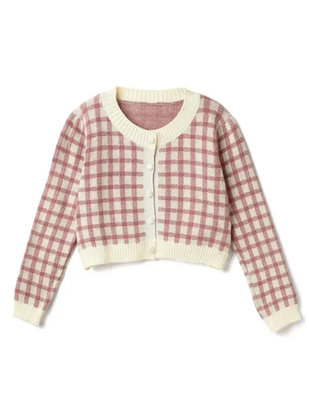 Hnewly  Women Checkerboard Crop Knit Cardigan Sweater Long Sleeve Button-up Box-fit Plaid Knit Top Teenage Girls Outfit