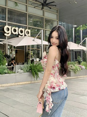Hnewly  Irregular Camis Women Sweet Sexy Floral Printed Slash Neck Vintage Summer Fashion Holiday Tank Tops Female Casual