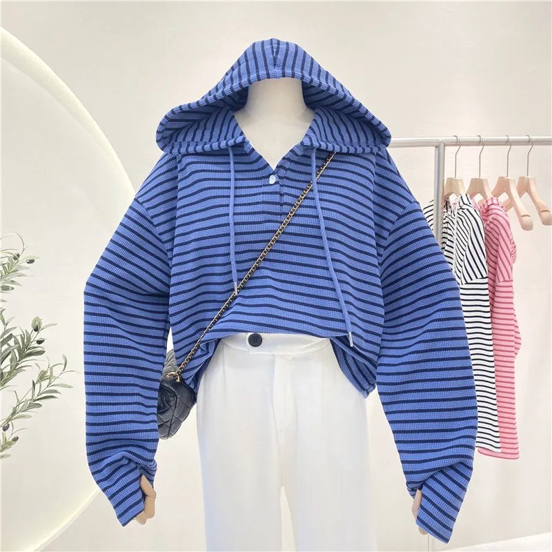 Hnewly  New Striped Hoodie Sweatshirt Women's Spring Autumn 2025 Fashion Preppy Style Retro Long Sleeve Top Loose Pullover Jacket