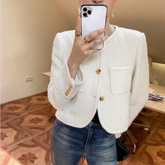 Hnewly  Autumn New Black Tweed Coat Women Korean Elegant O-neck Slim Fit Tops  Y2k Grunge Long Sleeve Jackets Mujer