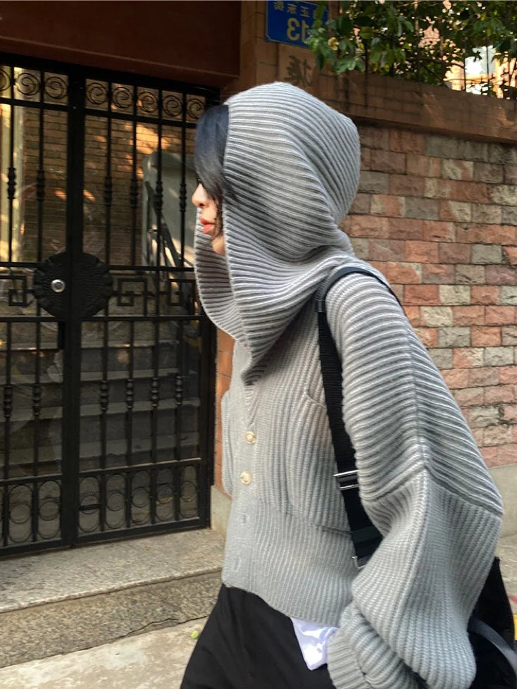 Hnewly  Women's Hooded Cardigan Button Up with Pocket Knitted Sweater Hoodie Slouchy Knitwear Fall Winter Casual Chic Outfit