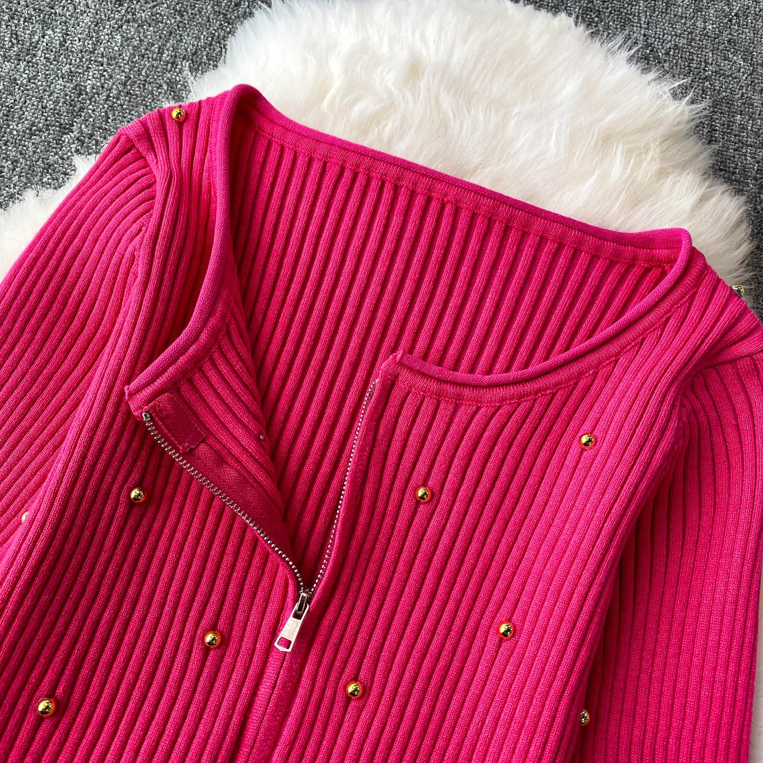 Hnewly  Beading Knitted Striped Zippered Sweater Cardigan Women's Spring Autumn O-Neck Top New Loose Harajuku Long Sleeved Outwear