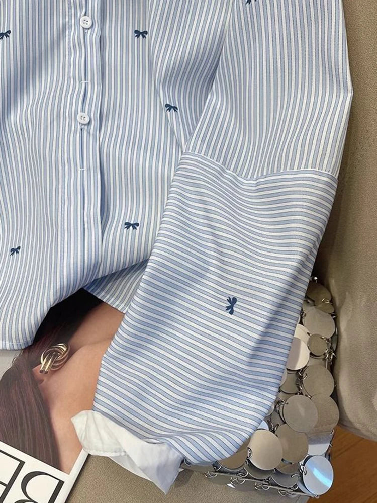 Hnewly Cute Bow Print Striped Shirt Women O Neck Long Sleeve Vintage Blouse Casual Loose Korean Sweet Female Fall New Retro Tops