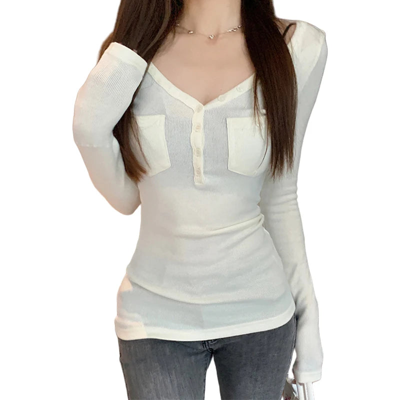 Hnewly Women Tops y2k Clothes Solid Color Buttons V Neck Slim Fit Long Sleeve T Shirts with Pockets 2000s Clothing Streetwear