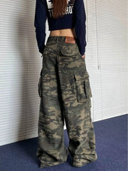 Hnewly  Vintage American Retro Camo Cargo Pants Men Women Loose Fit Wrinkle Pocket Streetwear Hip Hop Wide Leg Denim Trousers
