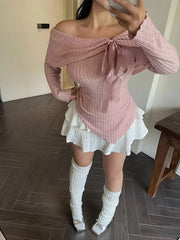 Hnewly  New Sexy Off-The-Shoulder Front Tie-Up Sweater Plus Size One-Shoulder Slim Fit Top Fashion AllMatch Autumn Women's Clothing Sale