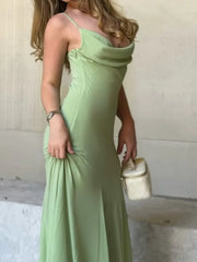 Lunivop  Women Chic Green Sleeveless Sling Maxi Dress Sexy Off-shoulder Swing Collar Backless High Waist Slim Fit Dresses Party Wear