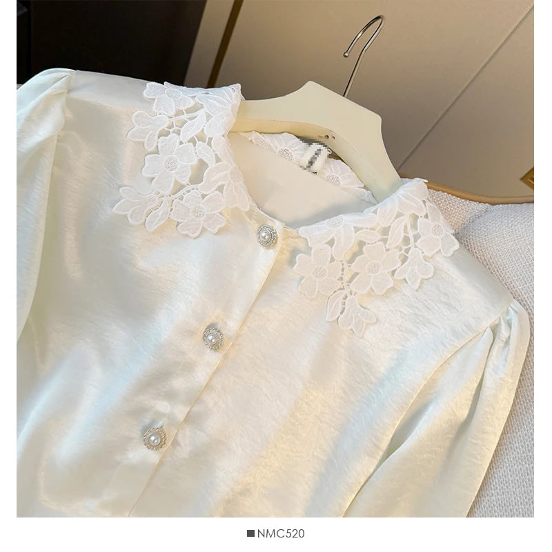 Hnewly  Elegant Satin Spliced Lace Shirt Women French Style Summer 2025 Doll Collar Pearl Single Breasted Light Luxury Long Sleeve Tops
