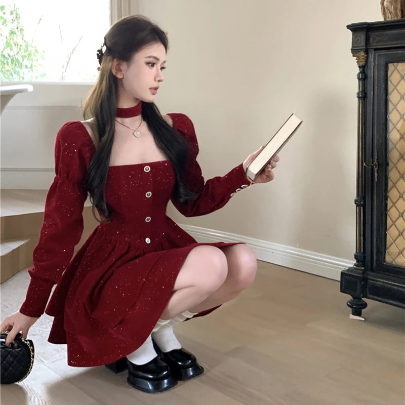 Hnewly NEW YEAR DRESS TO IMPRESS Long Sleeve Velvet Dress Women Princess Square Collar Autumn Buttons Ruffles Bling Design Fashion Temper Elegant Seductive New