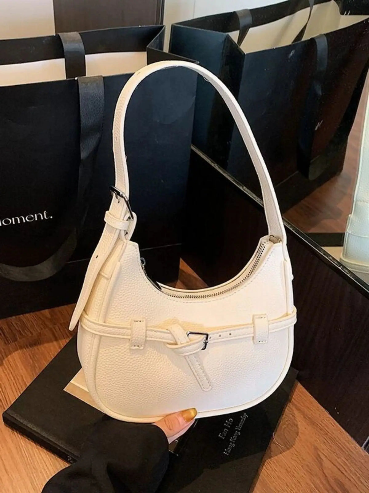 Hnewly  Korean White Belt Design Underarm Bag Women Leather Large Capacity Half Moon Shoulder Bag Ladies Fashion High End Crossbody Bags