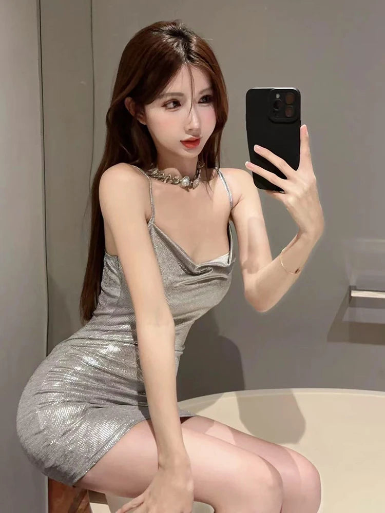 Hnewly Sexy Slim Shiny Camis Mini Dress Women Y2K Fashion Hot Girls Pile Collar Tight Dress Korean Streetwear Party Club Vestidos New