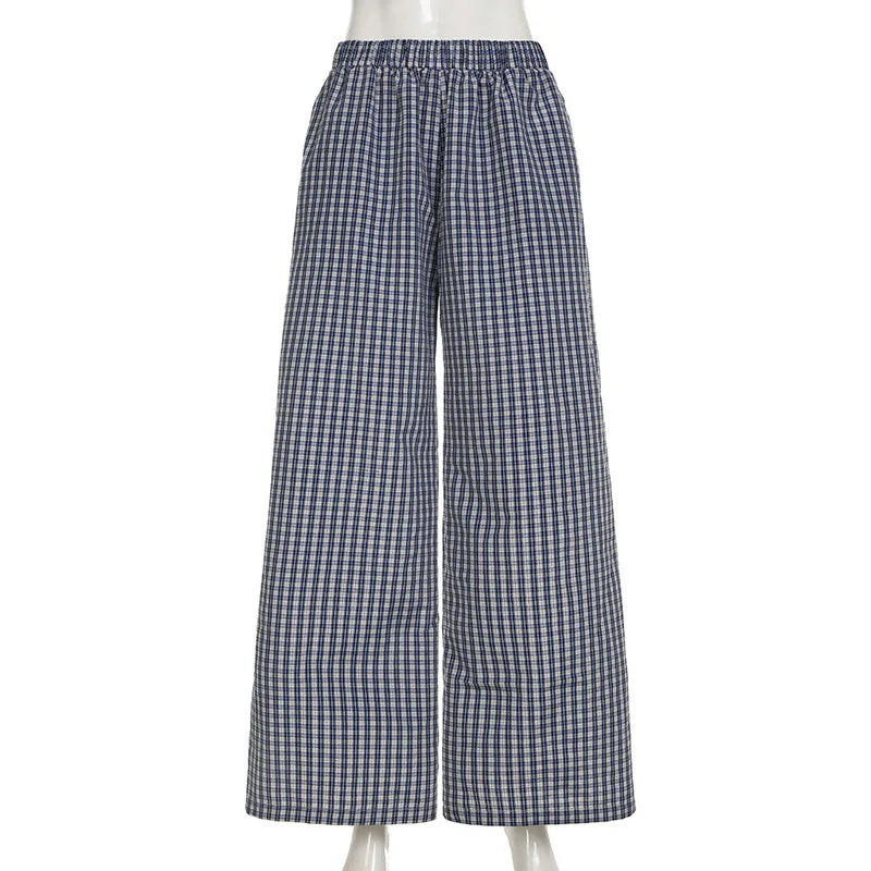 Hnewly Spring New Product Simple and Personalized Waist Collection Color blocked Grid Design Wide Legs Comfortable Pants