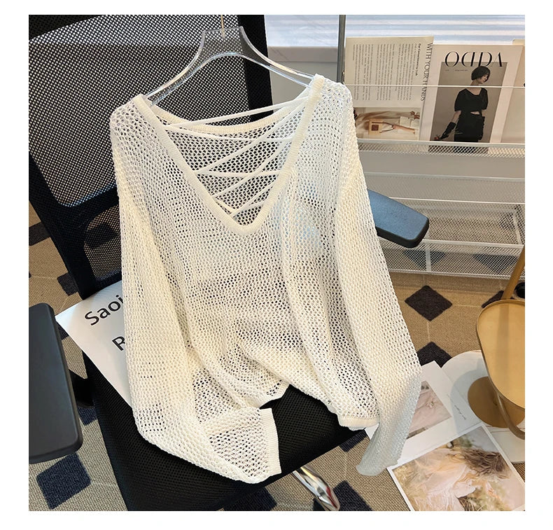 Hnewly Black White Striped Ice Silk Knitted Sweater Women Long Sleeved Loose Lazy Style Mesh Pullover Spicy Girl Hollow Out Top