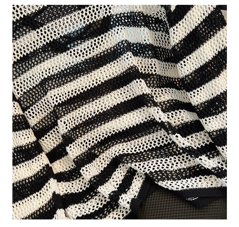 Hnewly Black White Striped Ice Silk Knitted Sweater Women Long Sleeved Loose Lazy Style Mesh Pullover Spicy Girl Hollow Out Top