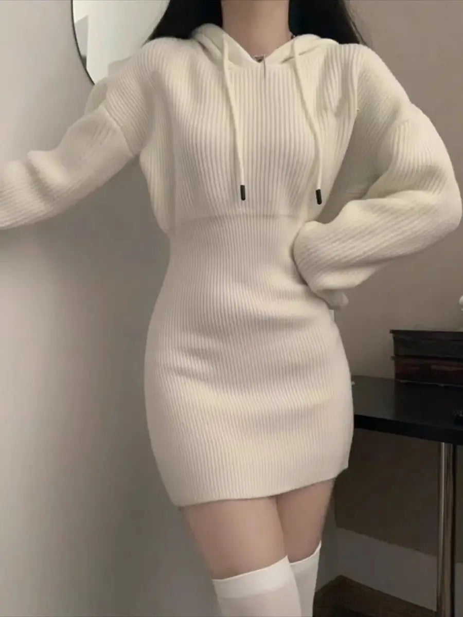 Hnewly Hooded Knitted Dress for Women Sweater Bottoming Short Skirt