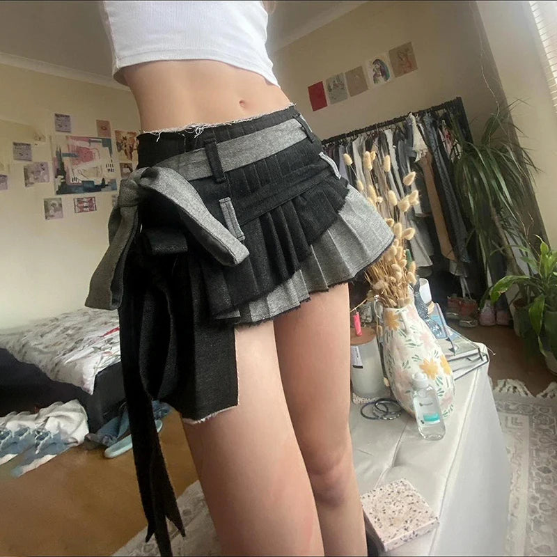 Hnewly DRESS TO IMPRESS Y2K Women Double Belt Patch Asymmetrical Denim Skirt Grunge Street Girly Hotsweet Lace-up A-line Skirt Korean Style