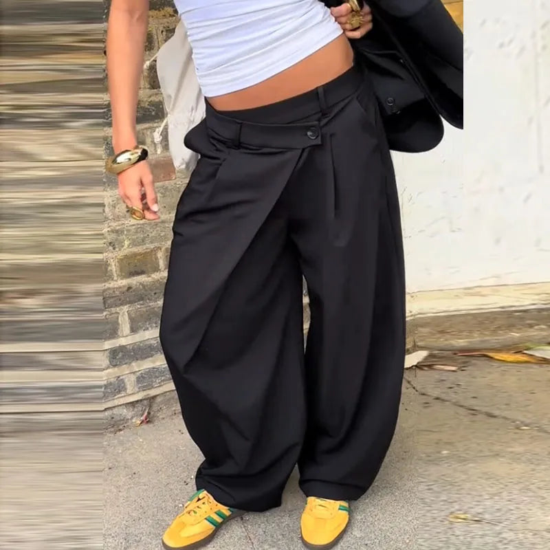 Hnewly  Street Asymmetric Pleated Long Pants Women Baggy High Waist Zipper Pockets Wide Leg Trousers 2026 Spring Lady Commute Pant New