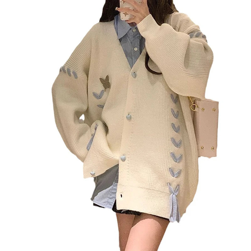 Hnewly y2k Sweaters 2000s Women Butterfly Print Side Drawstring Single Breasted Long Sleeve Loose Cardigan Tops Streetwear