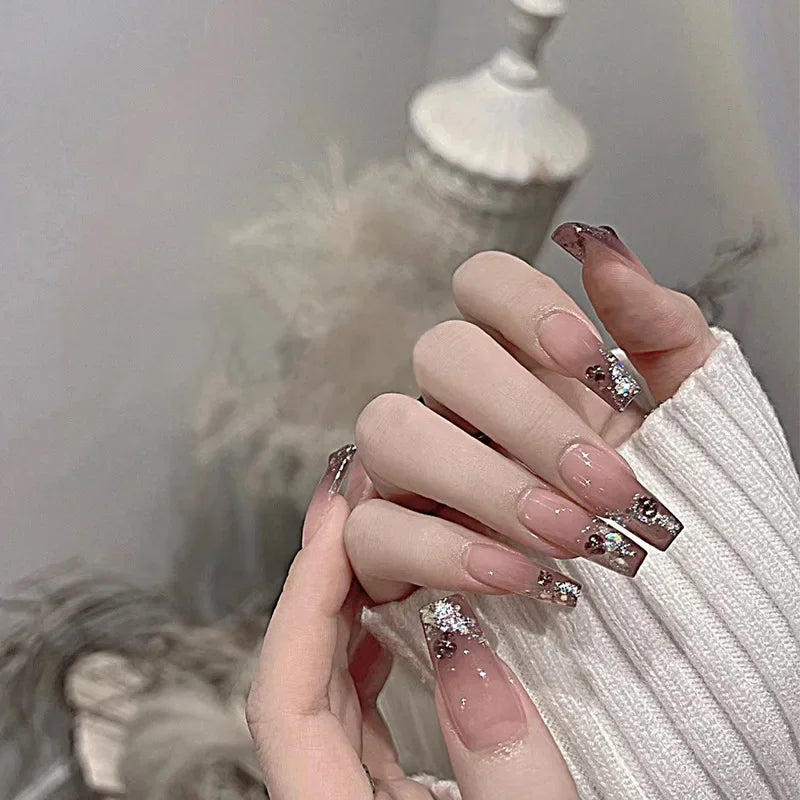 Hnewly 24Pcs False Nails French Gradient Ballet Fake Nails Press on Nails Black Heart Rhinestone Design Glitter Full Cover Nail Tips
