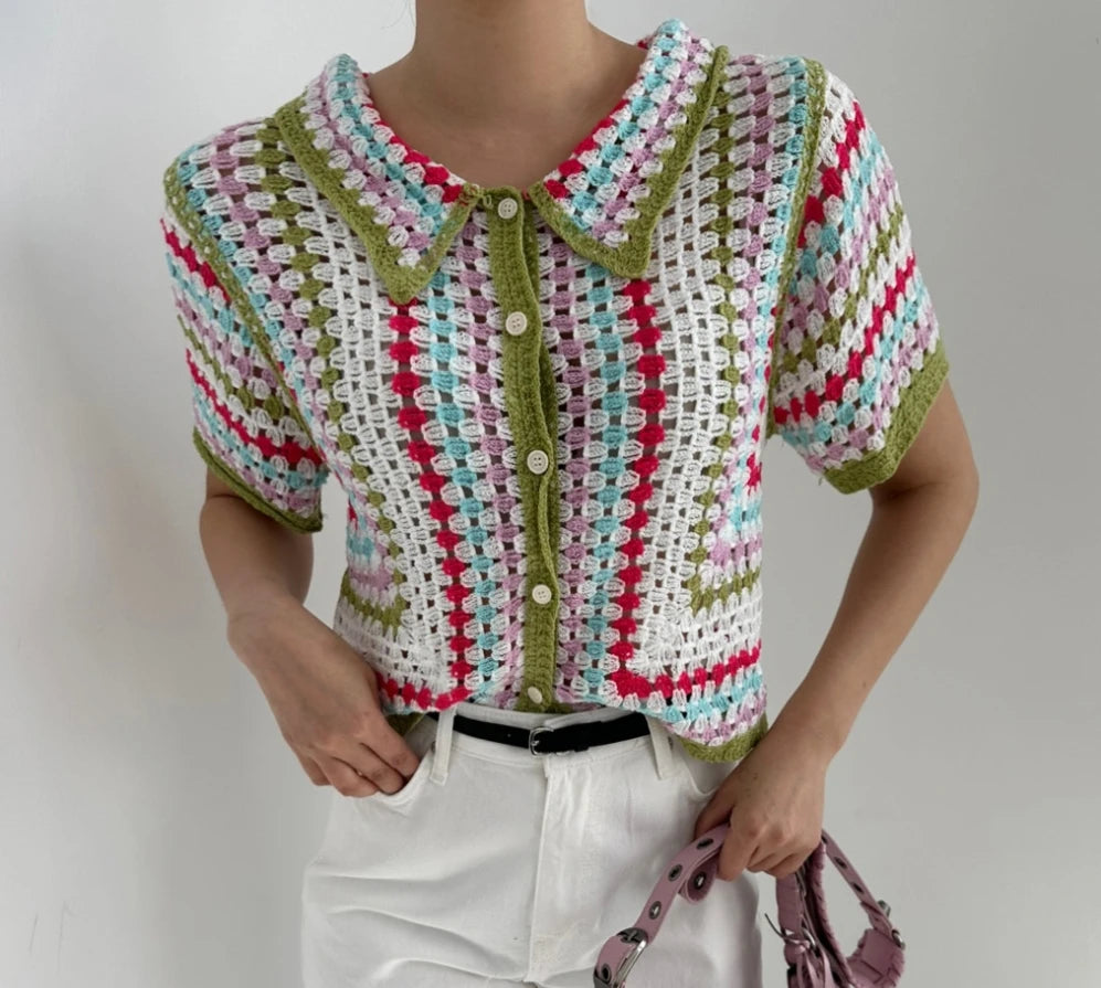 Hnewly  Rainbow Striped Crochet Shirt Collored Button-down Short Sleeve Openwork Knit Shirts Blouses Women Summer Boho Beach Outfit