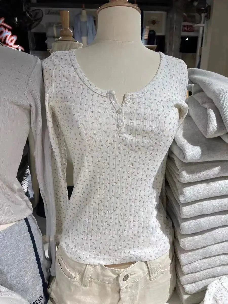 Hnewly  Hollow Out Pink Long Sleeve T-Shirt Summer Round Neck Buttons Cotton Slim Sexy Top for Woman Vintage Sweet Cute y2k Tops Chic