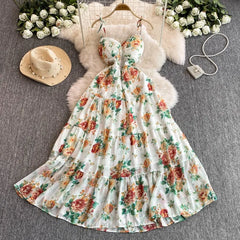 Hnewly  Vestidos Para Mujer Print Floral Hollow Out Spring Summer Woman Dresses Korean Fashion Sexy Beach Style Long Dress