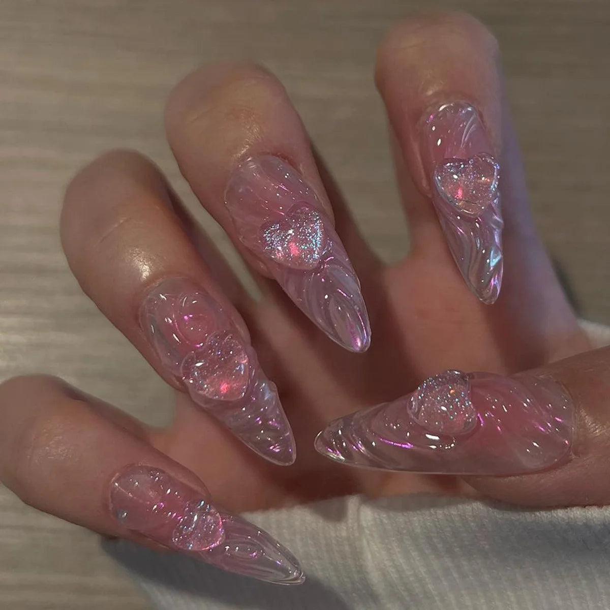 Hnewly 24Pcs French Almond False Nails Glitter with Rhinestones Wearable Fake Nails Artificial Simple Full Cover Press on Nails Tips
