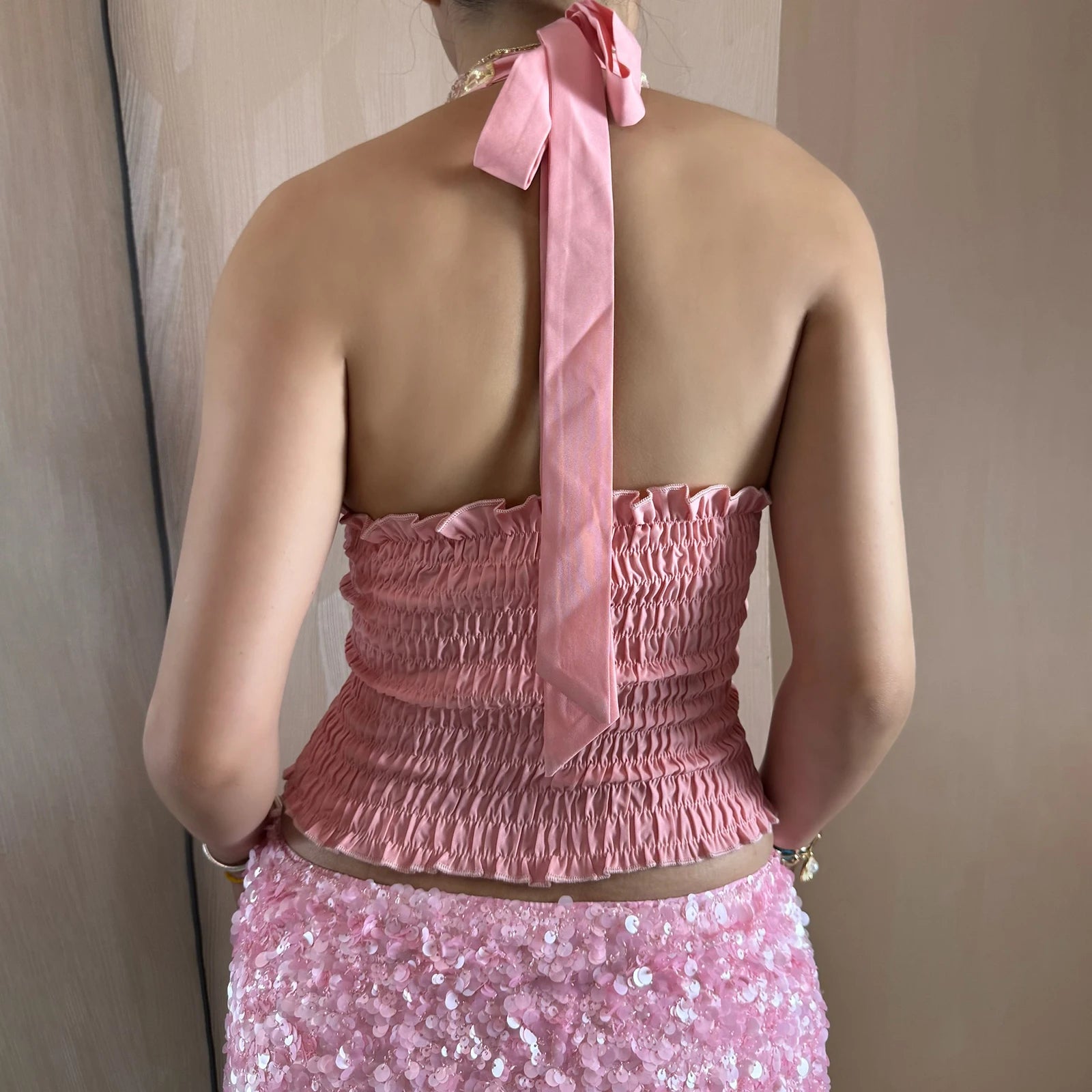 Hnewly Sequin Halter Tops y2k Women Clothes Floral Sleeveless V Neck Open Back Smocked T Shirts Vest 2000s Clothing Streetwear