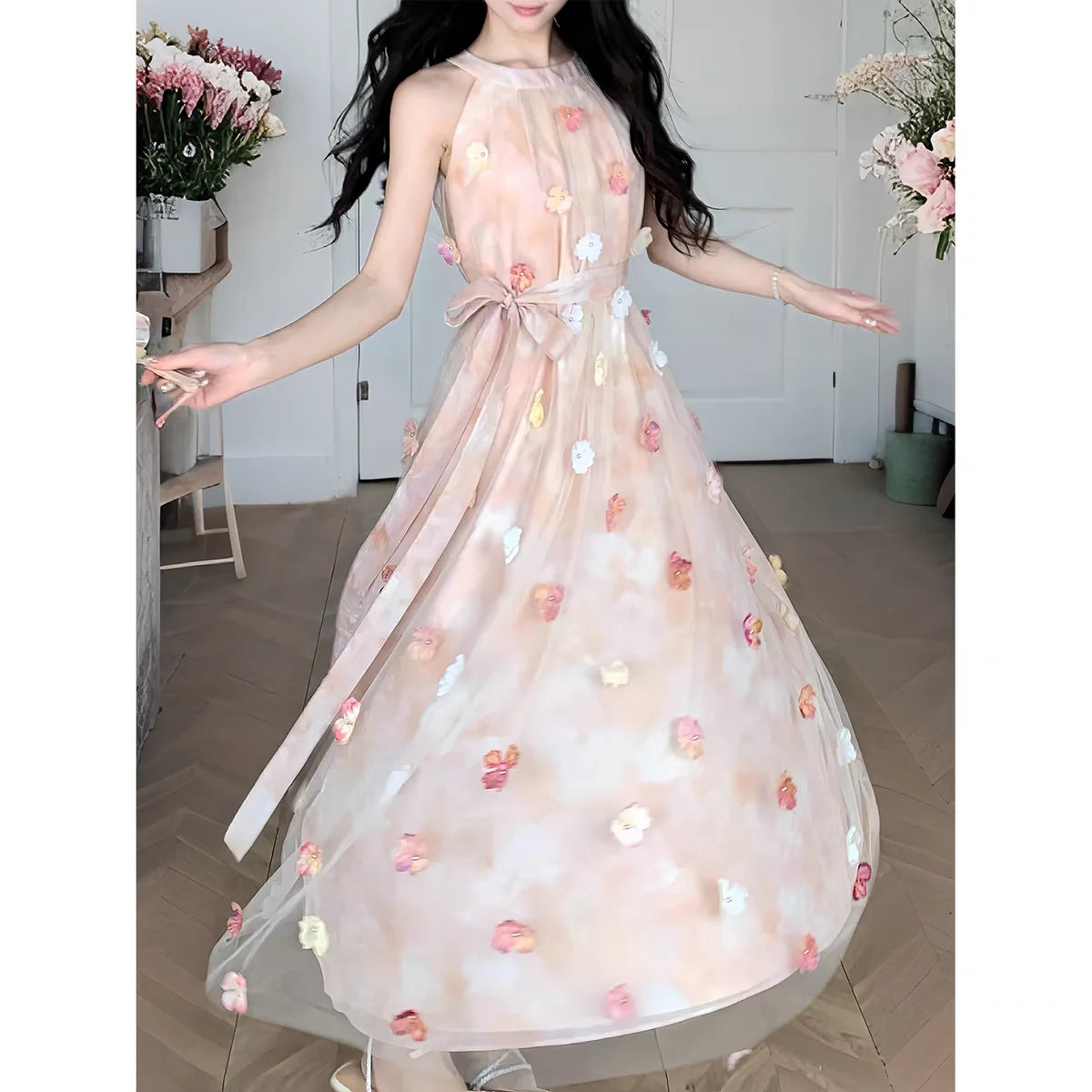 Hnewly  Hanging Neck Fairy Dress For Women New Summer Sleeveless Floral Long Dress French Style Vacation Party Dress