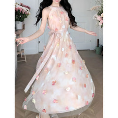 Hnewly  Hanging Neck Fairy Dress For Women New Summer Sleeveless Floral Long Dress French Style Vacation Party Dress