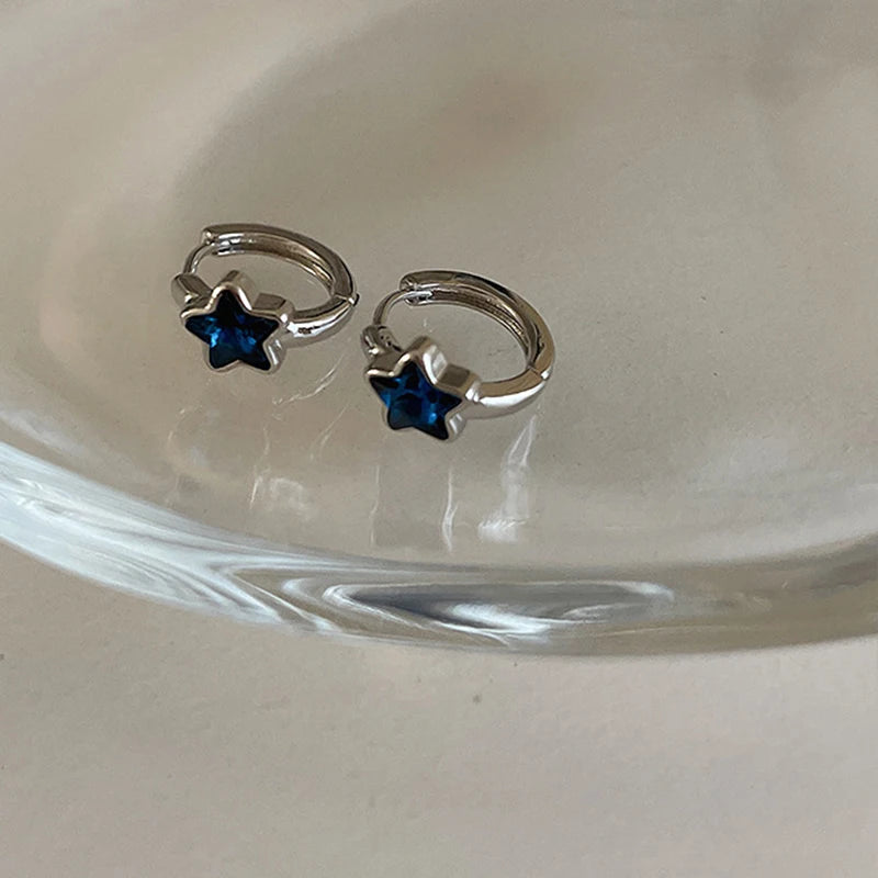 Hnewly 1Pair Y2K Trendy Cute Sweet Blue Star Hoop Earrings For Women Girls Simple New Fashion Vintage Earrings Aesthetic Jewelry Gift