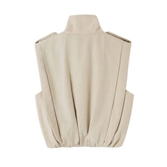 Hnewly  Women's Double Breasted Vest, Stand Collar Sleeveless Waistcoat with Shoulder Epaulettes and Pleated Hem