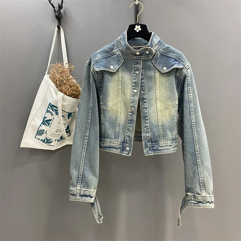 Hnewly  Women Standing Collar Denim Short Jacket Washed  Polished White Retro Motorcycle Outwear Spring Fashion Slim Long Sleeved Top