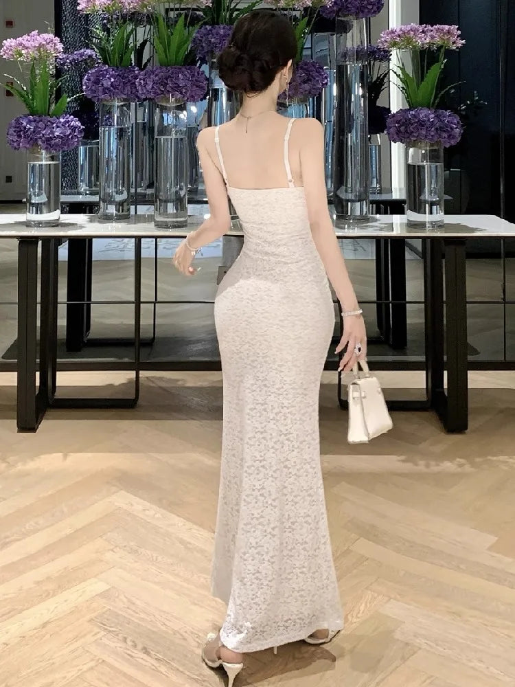 Hnewly  Woman Dress Sexy Elegant Sleeveless V Neck Lace Patchwork Backless Slim Sweet Temperament Party Dresses Female Chic