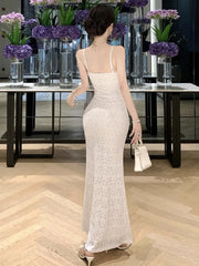 Hnewly  Woman Dress Sexy Elegant Sleeveless V Neck Lace Patchwork Backless Slim Sweet Temperament Party Dresses Female Chic