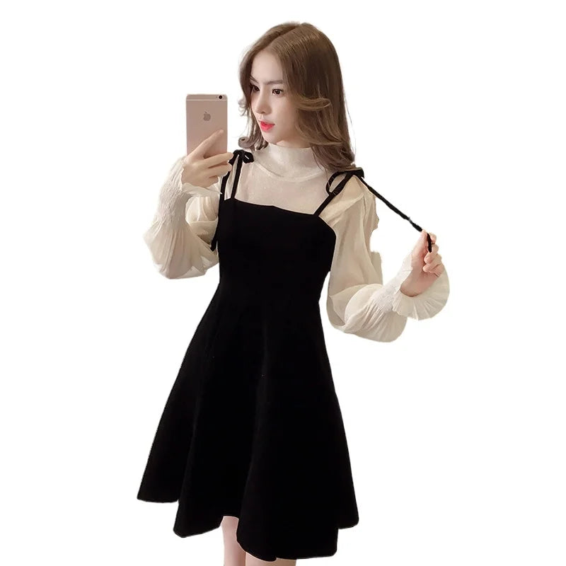 Hnewly Spring New Elegant Two Piece Dress for Women Women Winter Korean A-Line O-Neck Tops and Black Sundress Streetwear Dress Vestidos