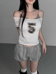 Hnewly  Number 5 Print Off Shoulder T-shirt for Women Sexy Crop Top Slim Fit Tee Shirt Summer New Short Sleeve Tops Mujer