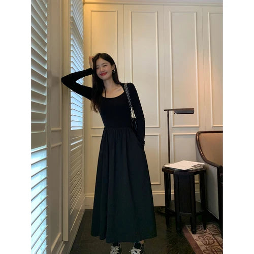 Hnewly Vintage Square Collar Maxi Wedding Dresses for Women Clothing Party Office Lady Casual Black Pockets Bodycon Midi Dress Autumn